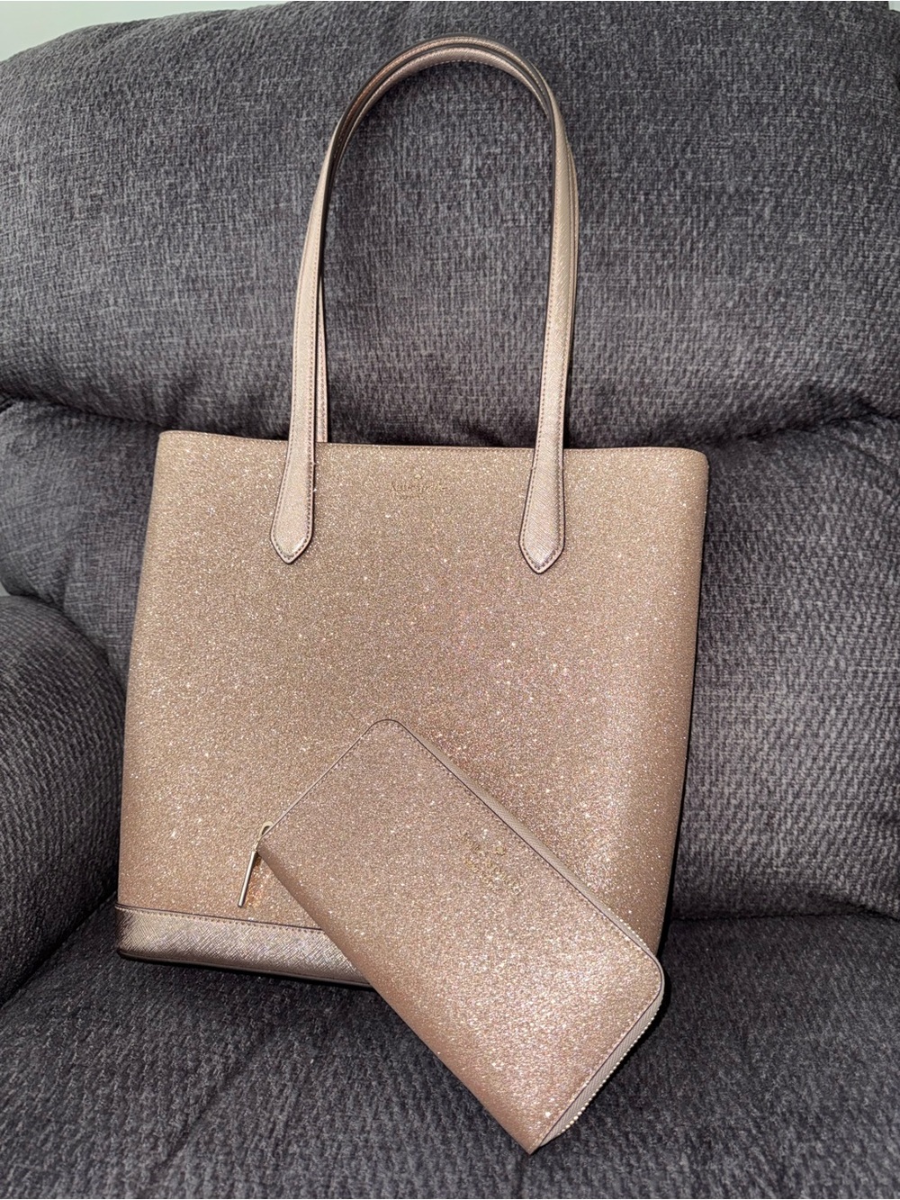 kate spade Rose Gold Glitter Tote with Matching Zip Wallet